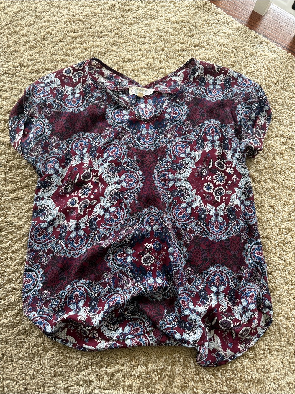 Women's Burgundy Paisley Short-Sleeve Blouse